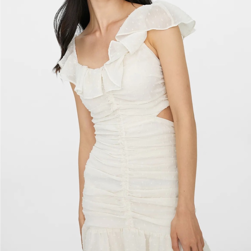 ASTR Ivory Cream Off White Swiss Dot Textured Ruched Ruffle Cut Out Midi Dress - Picture 4 of 17